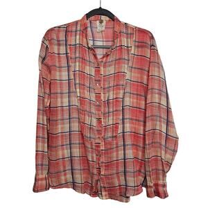 Free People One Womens Plaid Button Up Shirt Sz XS Pleated Lightweight Red Blue